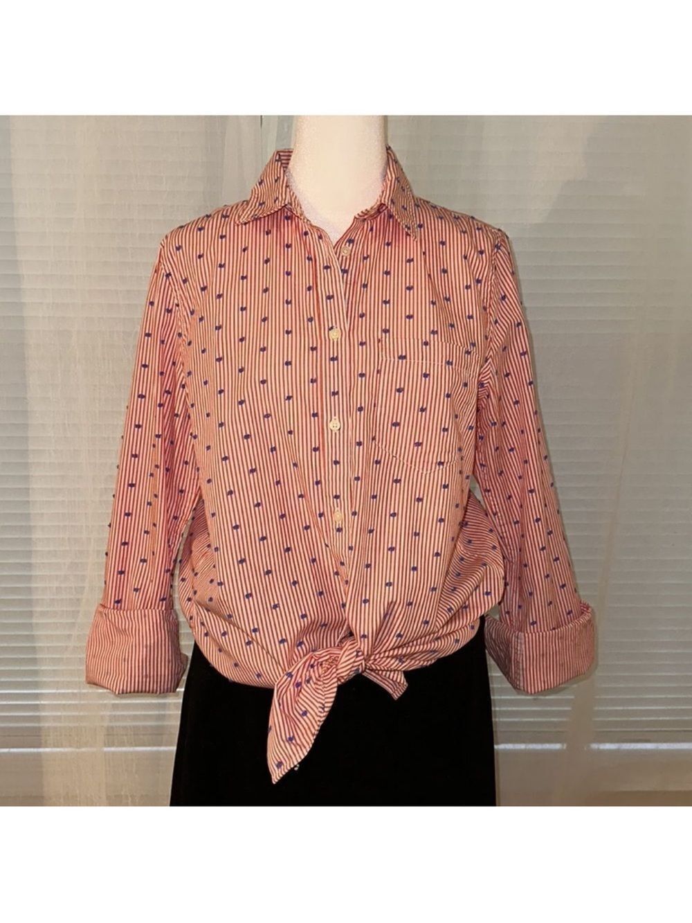 GAP M White Red Vertical Stripes Blue Swiss Dot Americana Fitted Boyfriend Shirt